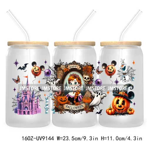 New Trendy Cartoon Princess Halloween 16OZ UV Cup Wrap DTF Transfer Stickers For Libbey Glass Can Cups Tumbler Waterproof Labels