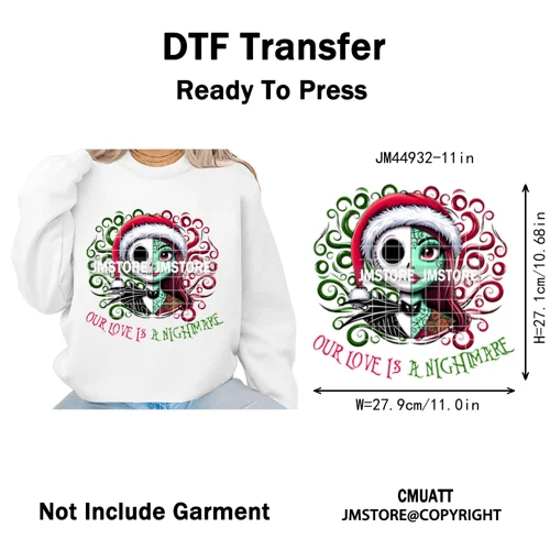 New Nightmare Horror Christmas Movie Characters Lover Iron on Washable DTF Heat Transfers Stickers Ready to Press for Clothes