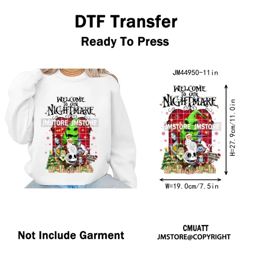 New Nightmare Horror Christmas Movie Characters Lover Iron on Washable DTF Heat Transfers Stickers Ready to Press for Clothes