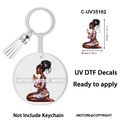 Christian Jesus God Pray Afro Girl UV DTF Decal Round Keychain Ready To Apply WaterProof Transfer Stickers For Circle Keychain