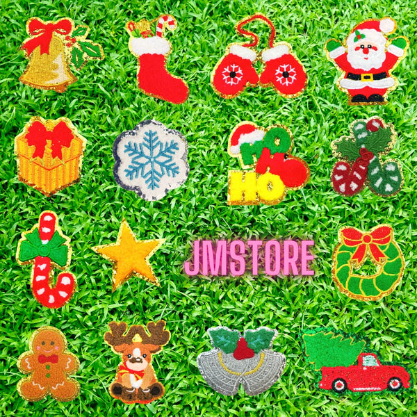 Cute Christmas Icons Jingle Bell Santa Coquette Cozy Season Glitter Applique Iron on Embroidered Chenille Patches for Clothing