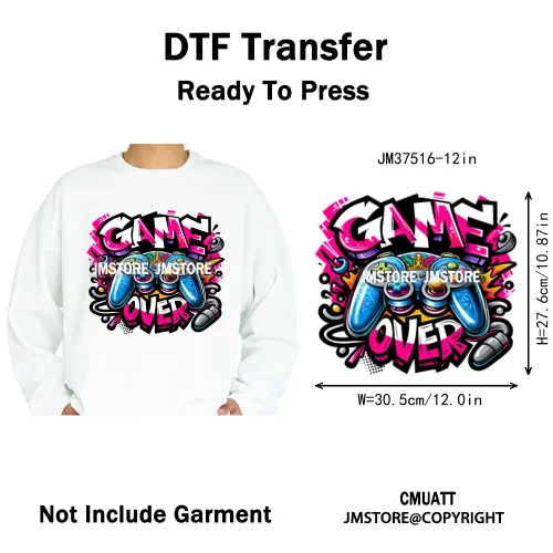 12in Game Zone Time Girl Gamer Squad Hustler Graffiti Game On Over Iron on DTF Transfers Stickers Ready to Press for Hoodies