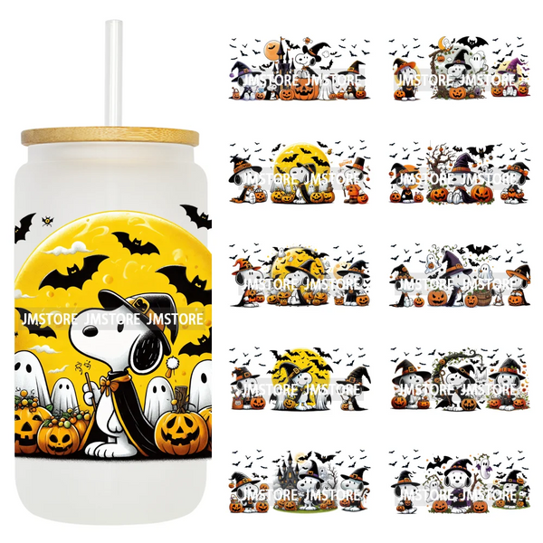 Spooky Ghost Halloween Pumpkin Cartoon Dog 16OZ UV DTF Cup Wraps Ready To Apply Waterproof Transfer Sticker For Libbey Glass Can
