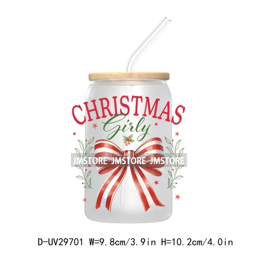 Just A Girl Who Loves Christmas UV DTF Transfer Stickers Decals For Libbey Cold Cups Mugs Tumbler Xmas Santa Coquette Bow Girly