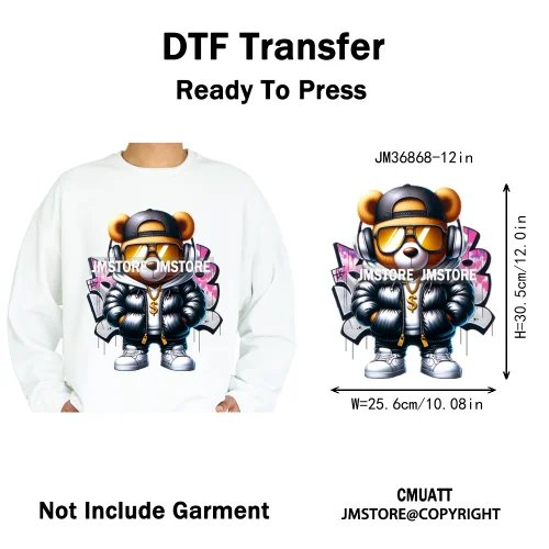 12in Colorful Graffiti Urban Stree Vibes Fearless Gangster Bear Washable Iron on DTF Transfer Sticker Ready to Press for Clothes