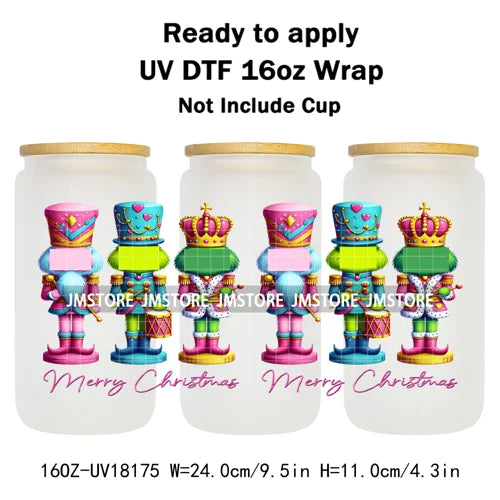 Faux Glitter Preppy Nutcracker Christmas UV DTF Cup Wrap Ready To Apply Transfer Sticker 16OZ Tumbler Wraps For Libbey Glass Can