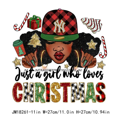 Merry Christmas Afro Girls Nails DTF Designs Festival Balck Women Just A Girl Who Love Christmas Transfer Stickers For Hoodies