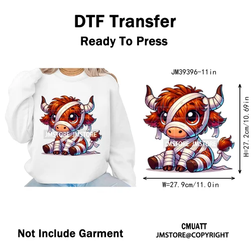 Horror Spooky Cartoon Baby Highland Cow Halloween Vibes Animal Iron on DTF Washable Transfers Sticker Ready to Press for Hoodies