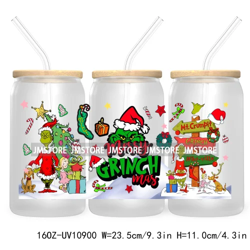 Retro Christmas Mean Guy UV DTF Cup Wrap For Libbey Glass Can Transfer Stickers Waterproof Custom Labels Merry Greenmas Xmas