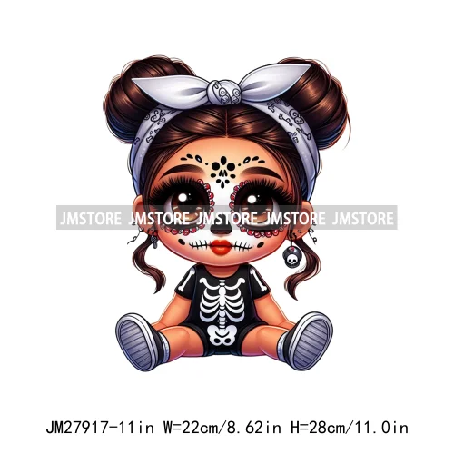 Halloween Skeleton Latina Baby Chibi Hispanic Girls Spooky Season DTF Iron On Transfers Stickers Ready To Press For Clothing