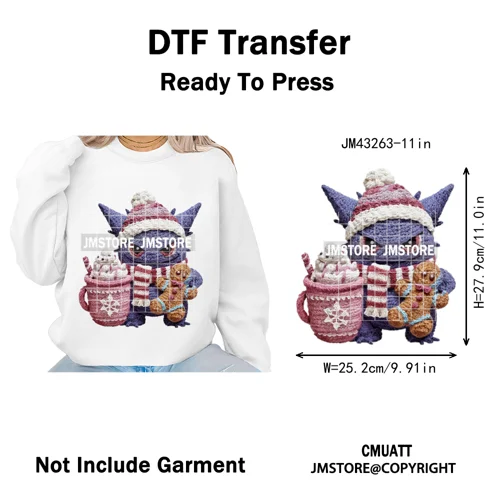 Hot Cocoa Coffee Lover Cartoon Faux Yarn Christmas Xmas Iron on Washable DTF Transfers Stickers Ready to Press for Sweatshirts