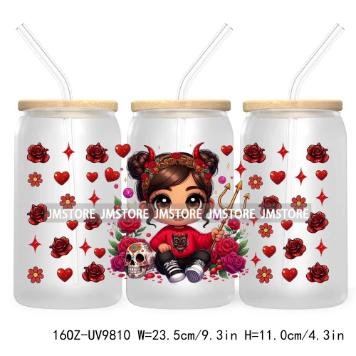 Day Of The Dead 16OZ UV DTF Cup Wrap Transfer Stickers Hispanic Chibi Baby Girl Custom Labels Waterproof For Libbey Glass Can