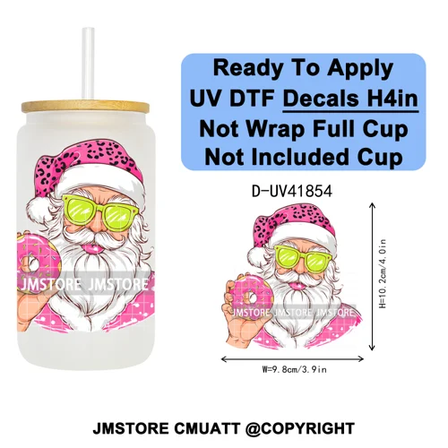 Retro Santa Claus Blowing Bubble Christmas UV DTF Decals Ready To Apply Waterproof Transfer Stickers For 16OZ Libbey Glass Can