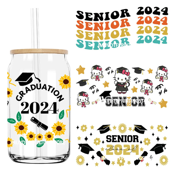 Senior Class Of 2024 UV DTF Sticker For 16OZ Libbey Glass Cup Can High School Graduation Wrap Transfer Sticker Custom DIY Logo