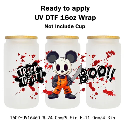Cartoon Mouse Halloween Trick Or Treat UV DTF Stickers Ready To Transfer Cup Wrap Custom Prints For Libbey Can Glass Tumbler Mug