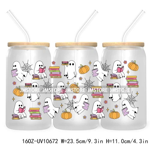 Spooky Halloween Ghost UV DTF Sticker For 16OZ Libbey Glass Cup Can Girly Coquette Bow Wrap Transfer Stickers Custom Labels Bats