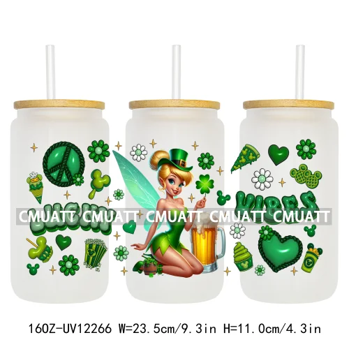 Happy St Patricks Cartoon Princess Characters Feeling Lucky Four Leaf Clover 16OZ UV DTF Cup Wrap Sticker For Libbey Glass Can