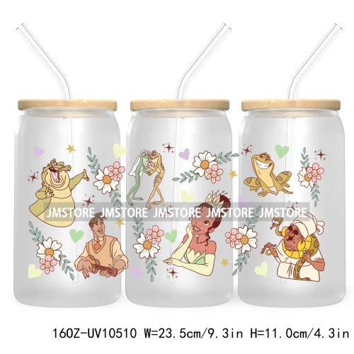 Cartoon Princess Floral Flowers 16OZ UV DTF Cup Wrap Transfer Stickers Custom Labels Waterproof For Libbey Glass Can Best Friend