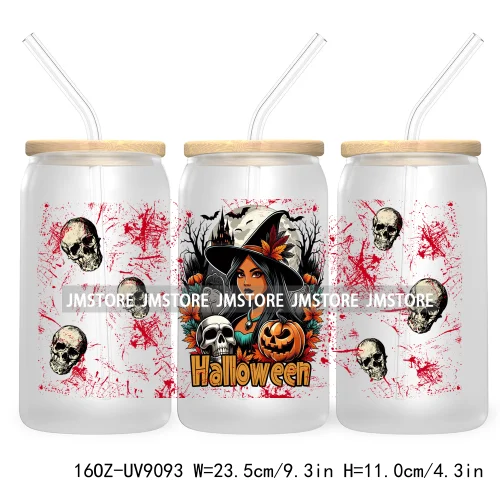 Spooky Halloween Princess 16OZ UV Cup Wrap DTF Transfer Sticker For Libbey Glass Can Cup Tumbler Waterproof Label Trick or Treat