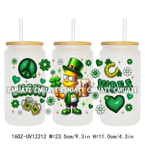 Cartoon Princess Girls St Patricks' Day Lucky Vibes 16OZ UV DTF Cup Transfer Wrap Sticker Waterproof Logos For Libbey Glass Can