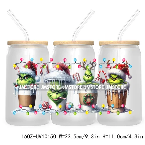 Christmas Coffee Cups Green Guy 16OZ UV Cup Wrap DTF Transfer Stickers For Libbey Glass Can Cup Tumbler Waterproof Label Cartoon