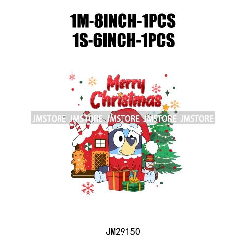 Cute Cartoon Blue Dog Family Character Merry Christmas Vibes Decals Iron On DTF Transfers Stickers Ready To Press For Sweatshirt