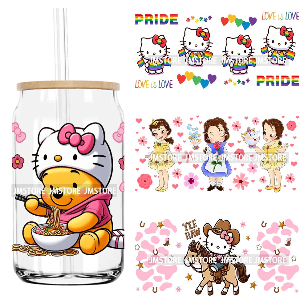 Pride Love Cat 16OZ UV DTF Cup Wrap Transfer Stickers Custom Label Durable Waterproof Logo For Libbey Glass Can Cartoon Princess