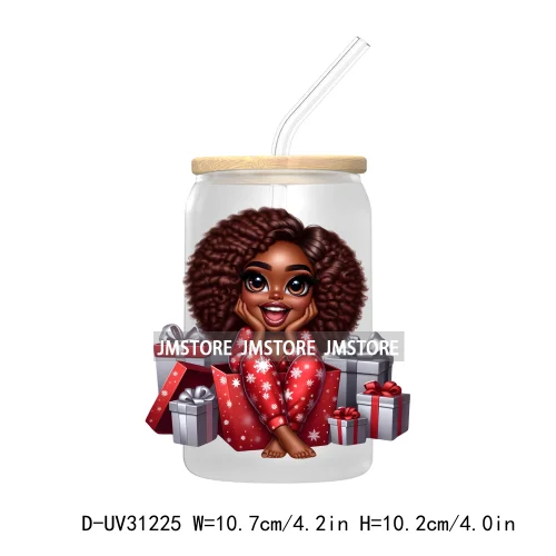 Afro Woman Nails Hip Pop Santa UV DTF Transfer Stickers Decals For Libbey Cold Cups Mugs Tumbler Just A Girl Who Loves Christmas