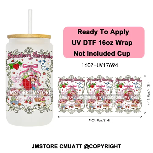 90s Cartoon Strawberry Characters Coquette Bow 16OZ UV DTF Cup Wraps Ready To Apply Transfer Stickers For Libbey Glass Can Mugs