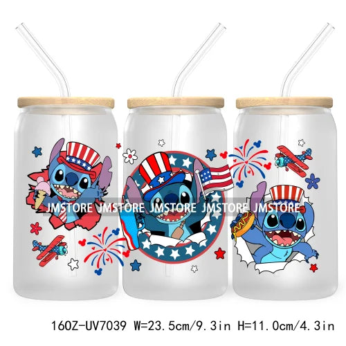 Happy 4TH Of July Cartoon Bear Friends 16OZ UV DTF Cup Wrap Transfer Stickers For Libbey Glass Can Cups Tumbler Waterproof Craft