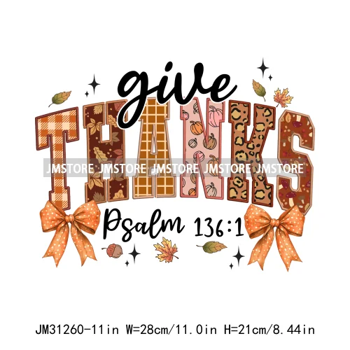 Thanksgiving Coquette Bow Pumpkin Cute Turkey Quotes Give Thanks Jesus Iron On DTF Transfers Stickers Ready To Press For Shirts