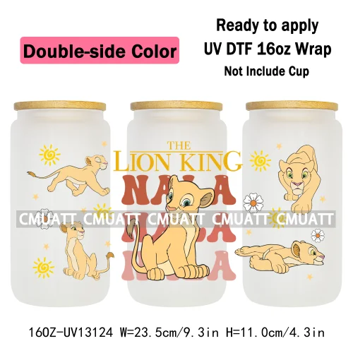 Double Side Color Cartoon Lion UV DTF Cup Wrap Transfer Stickers For 16oz Libbey Glass Beer Selfadhesive Waterproof Adhesive