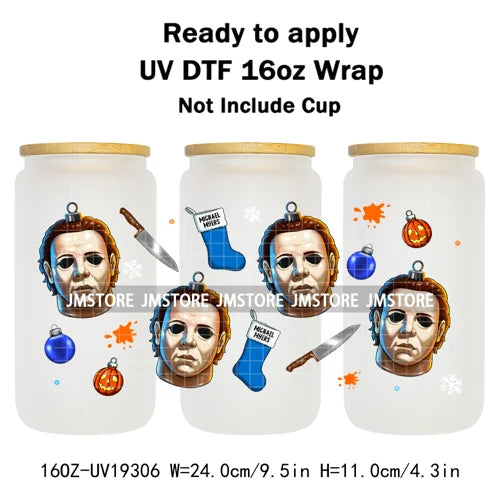Horror Killers Christmas Ball Stocking Season UV DTF Wraps Transfer Stickers Ready To Apply Waterproof For 16OZ Libbey Glass Can