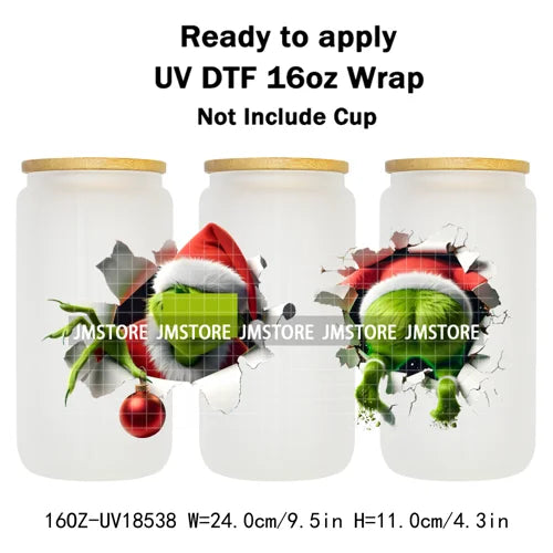 Coquette Bow Christmas Green Character UV DTF Stickers Ready To Apply Cup Wrap Custom Labels DIY Craft For Libbey Glass Can Mugs