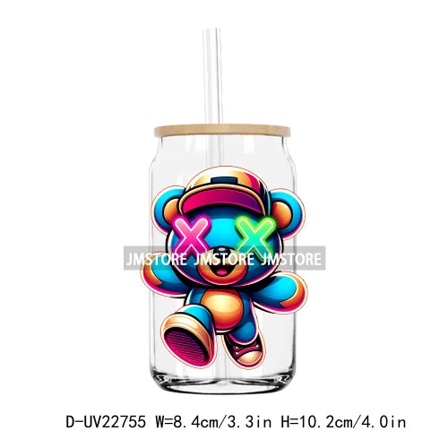 Colorful Neon Teddy Bear Urban Style UV DTF Transfers Stickers Decals For Libbey Cold Cups Mugs Tumbler Waterproof DIY Craft