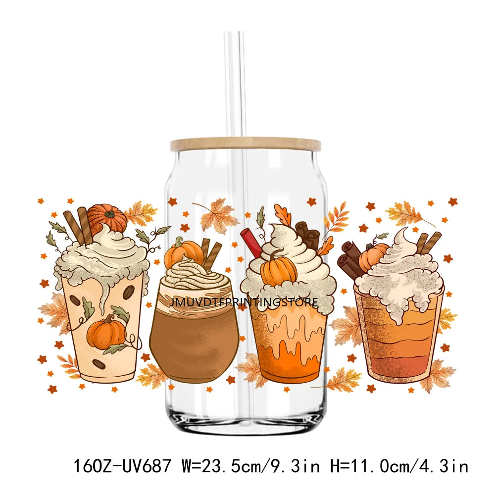 Fall Season Autumn Pumpkin 16OZ UV DTF Cup Wrap Transfers Stickers DIY Durable Waterproof Logo For Libbey Glass Can