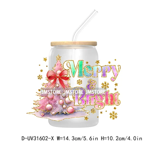 Merry Bright Coquette Bow Glitter Christmas Tree Girly UV DTF Transfer Stickers Decals For Libbey Cold Cup Mug Tumbler Durable