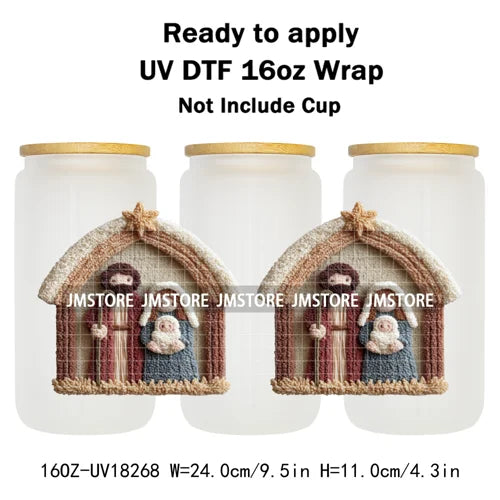 Faux Yarn Crochet Jesus Christmas Religious UV DTF Stickers Ready To Apply Cup Wrap Custom Labels DIY Craft For Libbey Glass Can