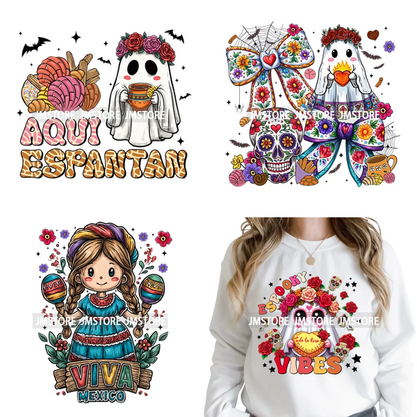 Coquette Halloween Spooky Espantan Latina Mexican Conchas Ghost Iron on DTF Washable Transfer Sticker Ready to Press for Hoodies