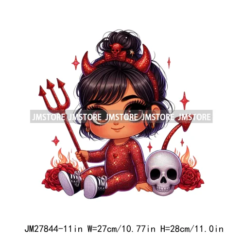 Chibi Cute Halloween Devil Latina Baby Hispanic Girls Skull Red Rose DTF Iron On Transfer Stickers Ready To Press For Sweatshirt