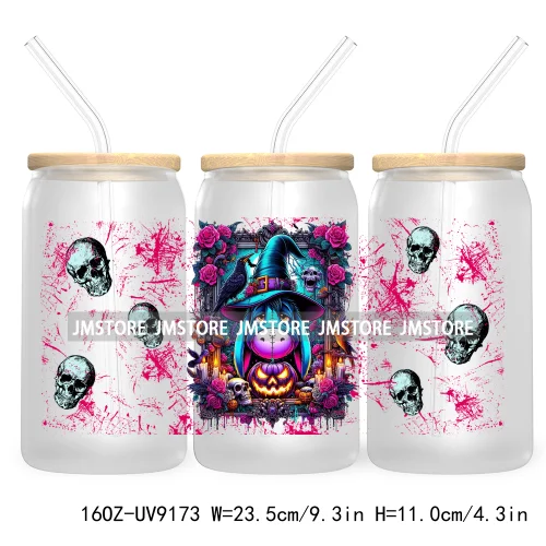 Cartoon Halloween Witch Skull Pumpkins UV DTF Sticker For 16OZ Libbey Glass Cup Can Wrap Transfer Stickers Custom Label DIY Logo