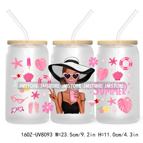 Hot Girl Summer Lady UV DTF Sticker For 16OZ Libbey Glass Cup Can Wrap Transfer Stickers Custom Labels DIY Logo Woman With Hat