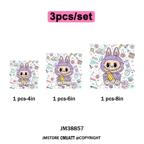 Floral Cute Checkered Cartoon Monster Character Iron on DTF Washable Transfers Stickers Designs Ready to Press for Textile Bags