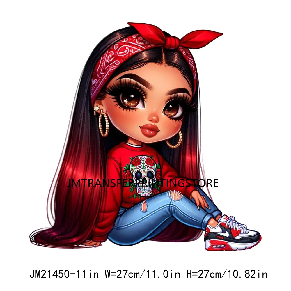 Chibi Cute Chicana Woman Printing Logos Latina Guadalupe Skeleton Flower Decals DTF Transfer Stickers Ready To Press For Clothes