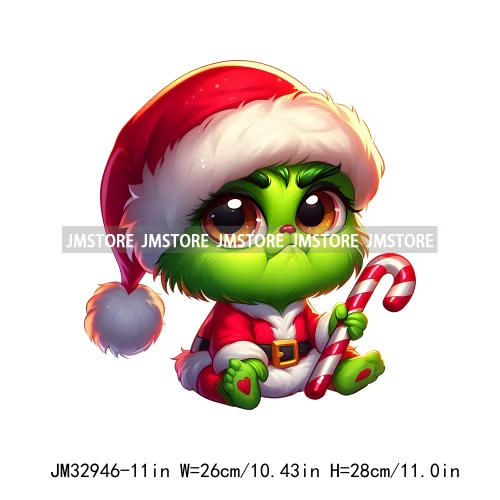 Cute Green Baby Cartoon Santa Claus Christmas Vibes Xmas Holiday Iron On DTF Transfers Stickers Ready To Press For Sweatshirts