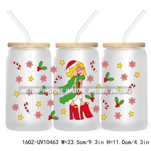 Cute Baby Green Character Christmas Season 16OZ UV Cup Wrap DTF Transfer Stickers For Libbey Glass Can Cups Tumbler Coquette Bow