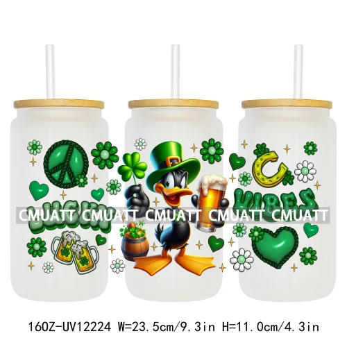 Cartoon Princess Girls St Patricks' Day Lucky Vibes 16OZ UV DTF Cup Transfer Wrap Sticker Waterproof Logos For Libbey Glass Can