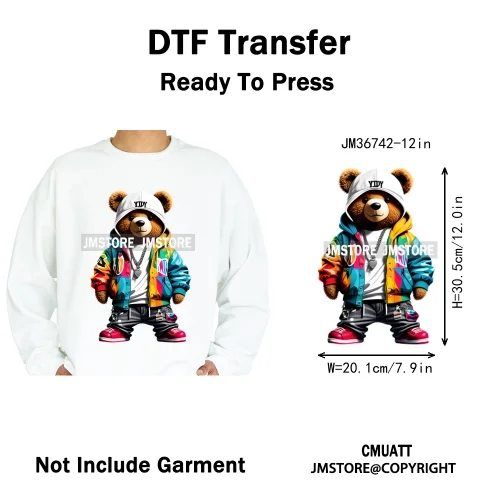 12in Cool Retro Urban Streetwear Graffiti Hip Hop Teddy Bear Iron On DTF Washable Transfers Stickers Ready to Press For Clothing