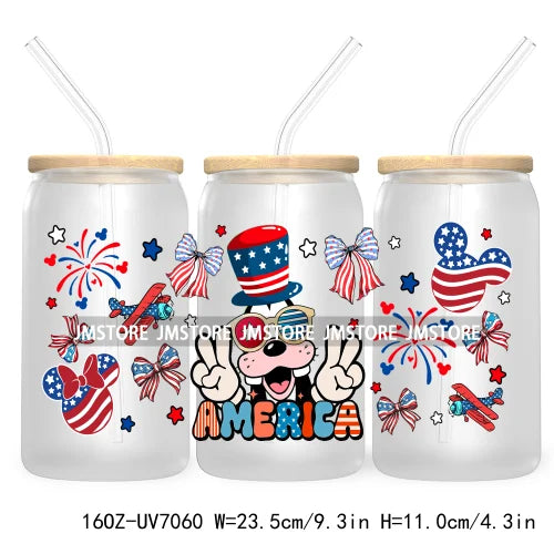 Happy 4TH Of July Cartoon Bear Friends 16OZ UV DTF Cup Wrap Transfer Stickers For Libbey Glass Can Cups Tumbler Waterproof Craft