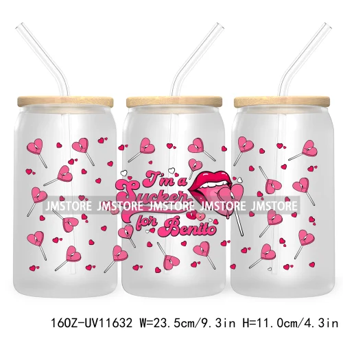 Cute Cartoon Couple XOXO Valentine's Day UV DTF Cup Wrap Transfer Stickers For 16OZ Libbey Glass Can Cupid Vibes Love Hearts